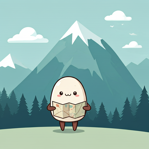 Cute illustration of Mochi holding a map in the mountains